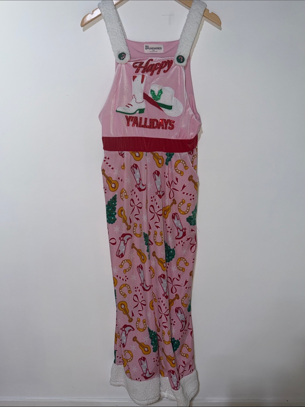 No Boundsrkws Pink 'Happy Y'allidays' womans  Overalls Cozy Holiday print small
